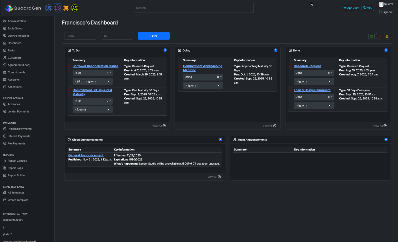 Orchestration Studio task management view with To Do, Doing, and Done columns for tracking research requests, commitments, and delinquent loans.